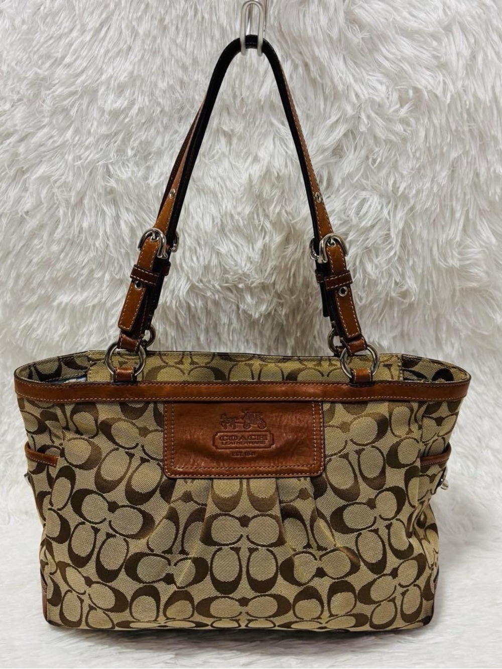 Coach Brown Signature Canvas Shoulder Bag with Leather Trim